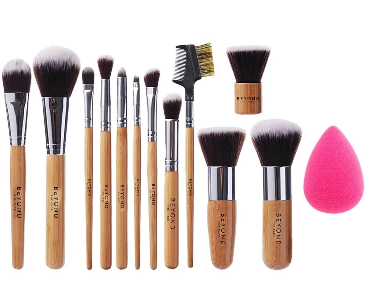 12 Pc Professional Bamboo Makeup Brush Set + 1 Foundation Powder Blending Sponge